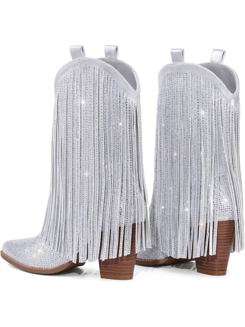 Women Shiny Silver Knit Sparkly Rhinestone Cowgirl Pointed Toe Heel Boot - Picture 5 of 6